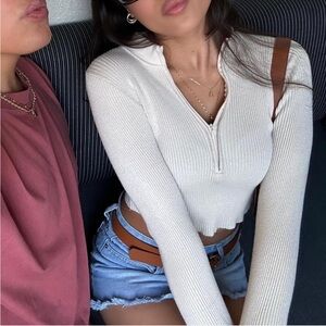 Princess Polly Cream Ribbed Zip-Up Sweater